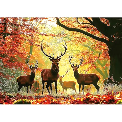MINIWAN Autumn Fall Forest Red Stags Puzzles for Adults 1000 Pieces, Golden Sunlight Red Maple Deer Jigsaw Puzzle, Gift for Wildlife & Nature...