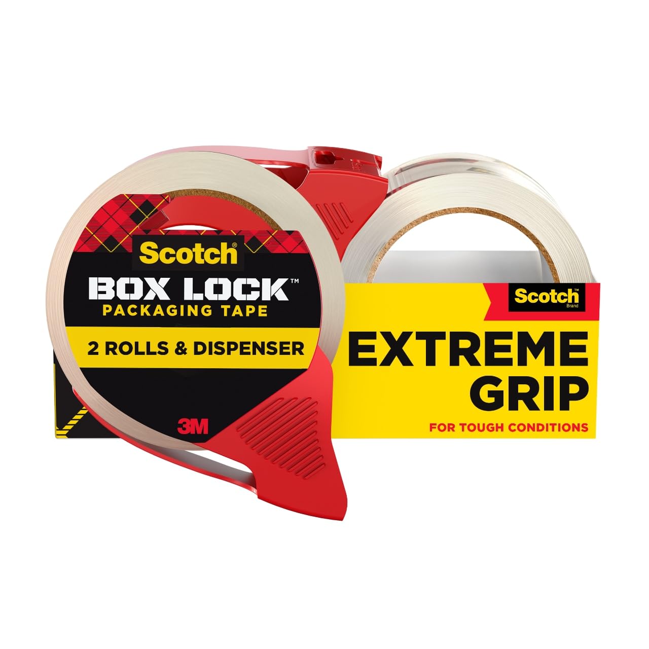 Scotch Box Lock Packing Tape, Extreme Grip Box Tape for Holiday Shipping, 1.88 in. x 54.6 yd, 2 Rolls with 1 Dispenser