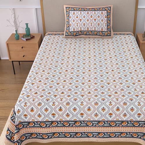 Image of 100% Cotton Single Bedsheet with 1 Pillow Cover | 240 TC Pure Cotton Flat Bed Sheet | Traditional Jaipuri Printed Bedding Set | Soft & Breathable | 60 x 90 Inch (Rangmahal Single 38)