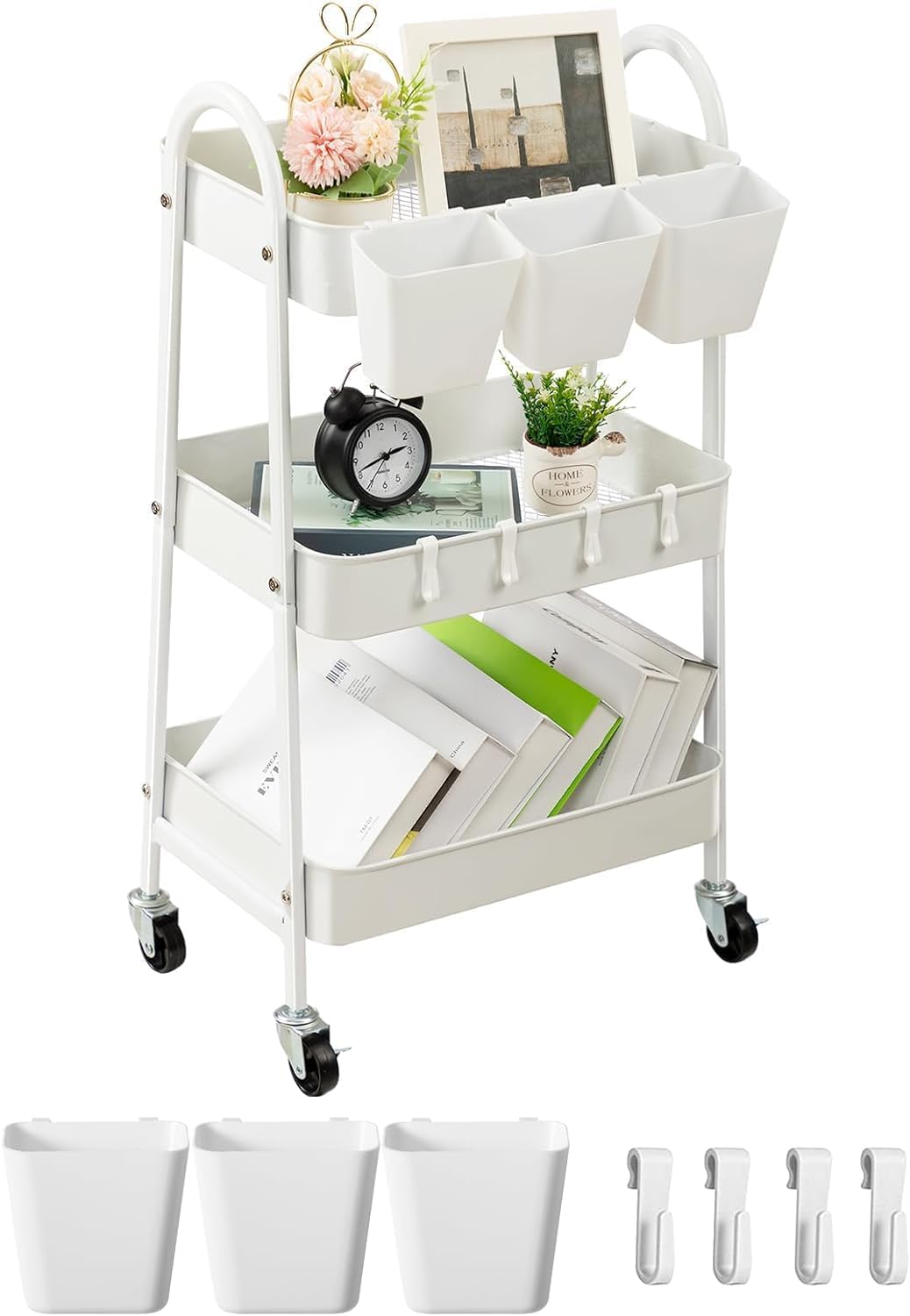 danpinera Carrello a 3 ripiani, in metallo, con ruote bloccabili, tazze e ganci appesi, carrello mobile per cucina, bagno, ufficio, officina, bianco