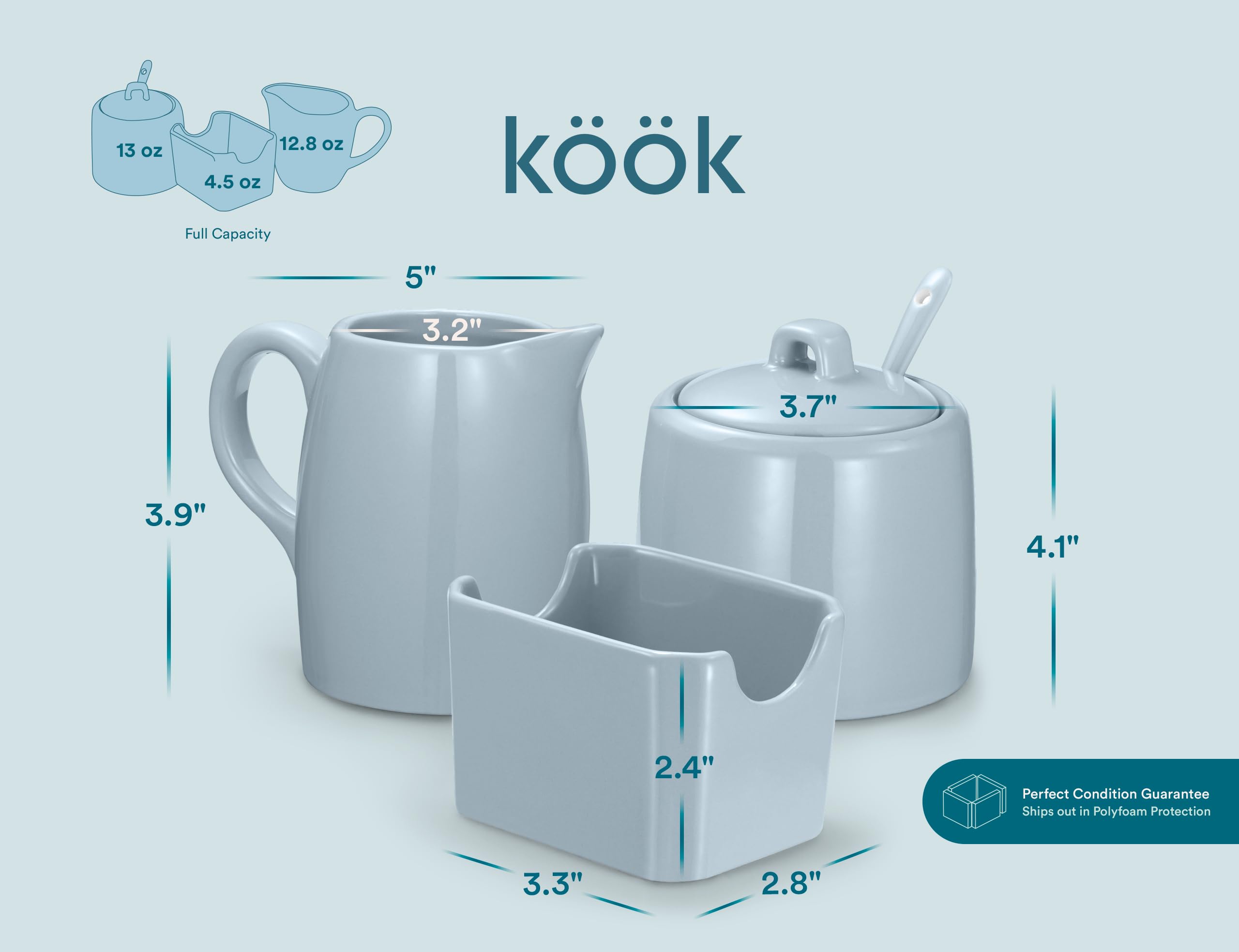 Kook Lot de 3 sucriers, pichet, sucrier avec couvercle et cuillère, support pour édulcorant, bleu casper