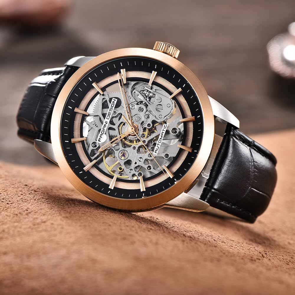 Pagani Design 1638 - Reloj de pulsera automático para hombre, con esfera de esqueleto, correa de piel auténtica, reloj de pulsera mecánico analógico hueco informal