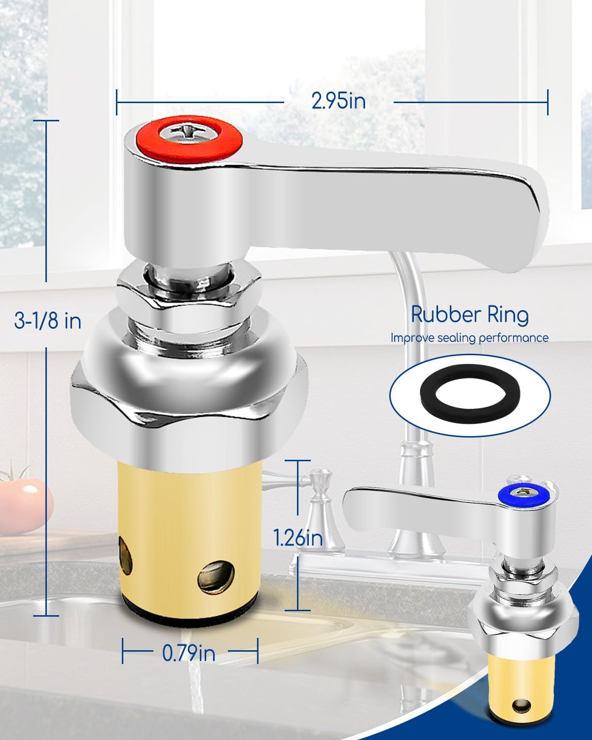 Handle Stem Assembly Fits for T&S Brass Faucets Replace 002713-40 002714-40, Blue Cold and Red Hot Side Spindle Assembly Valve Replacement Part