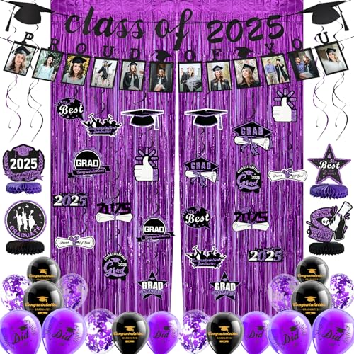 Image of FRAMICS Graduation Decorations 2025, Graduation Banner Class of 2025, Graduations Photo Banner, Tinsel Backdrop Curtains, Ballons & Streamers Kit, Graduations Party Decorations, 82 Pieces, Purple