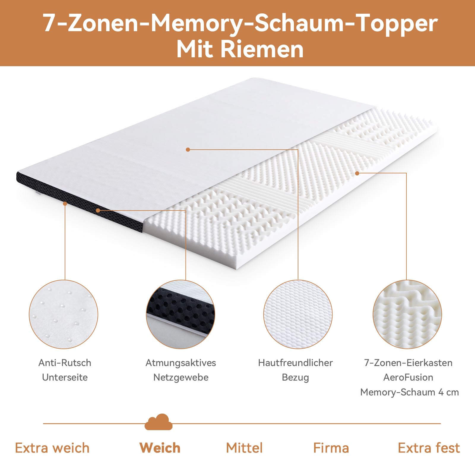 Amazon Basics Memoryschaum Matratzenauflage mit Bändern, 120 x 200 cm, 4 cm Höhe, weiß