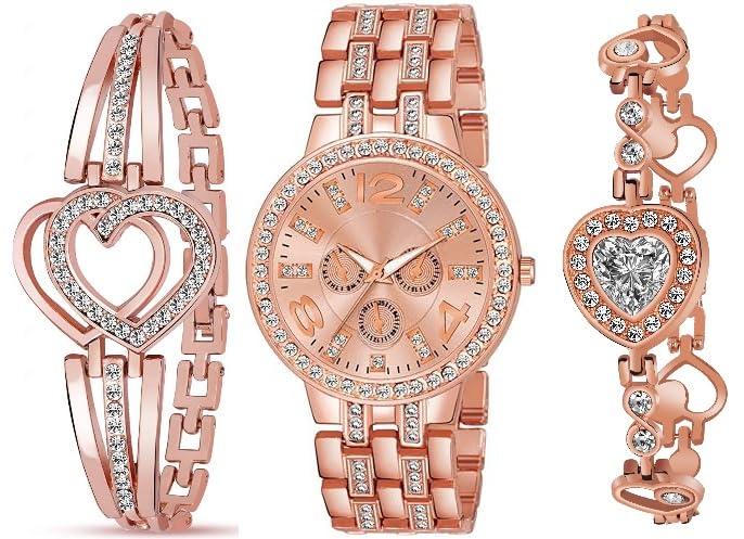 Acnos Rose Gold Radiance Diamond Watch & Heart Diamond Bracelet for Women Watch for Girls Pack of 3 (B0DCTLWXRW) Amazon Price History, Amazon Price Tracker