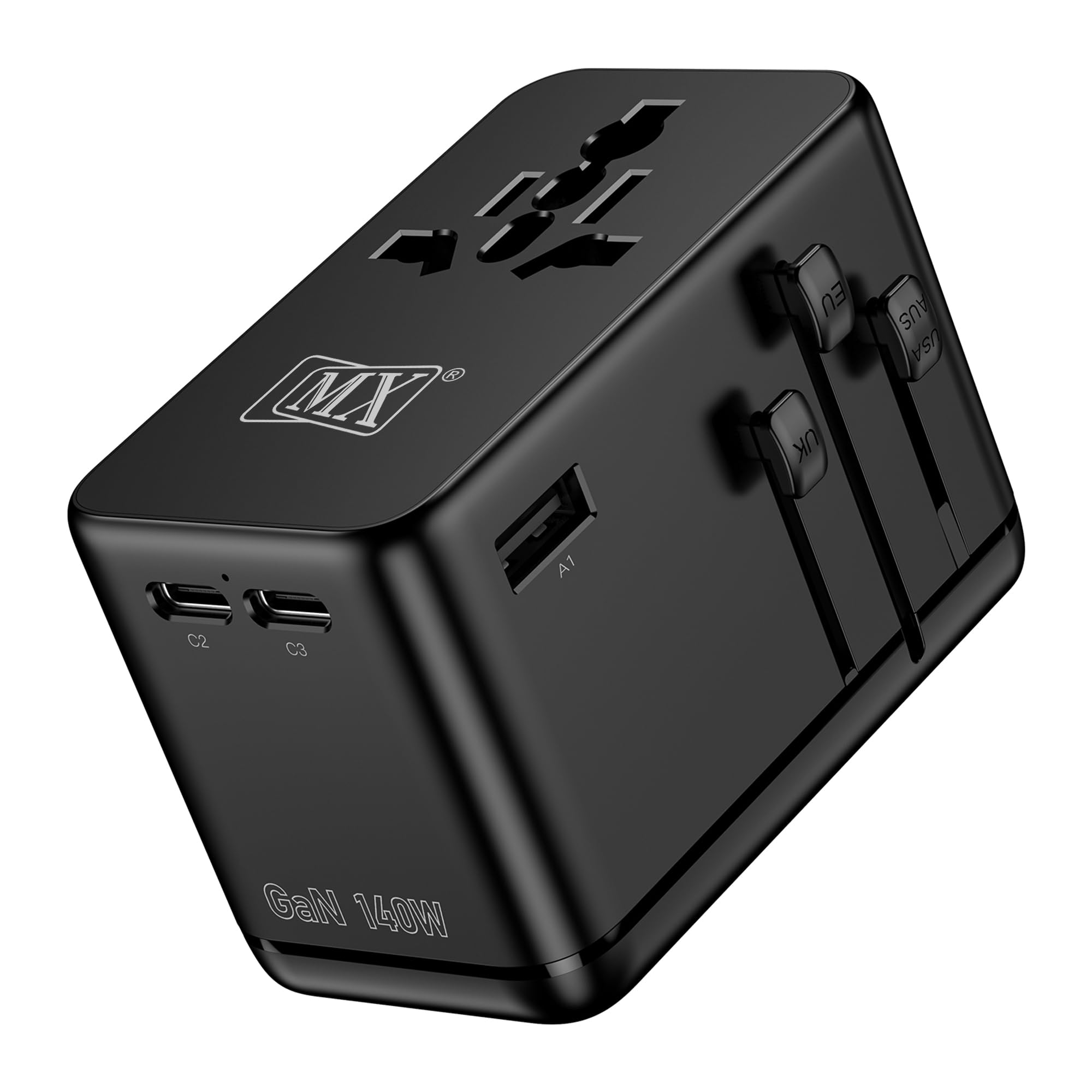 MX GaN 140W Universal Travel Adapter with 2 AC Outlets, 3 USB-C & 1 USB-A Ports, 6-in-1 International Power Adapter for Worldwide Travel, Type A/C/G/I Plugs, 200+ Countries Fast Charging Adapter-image-7