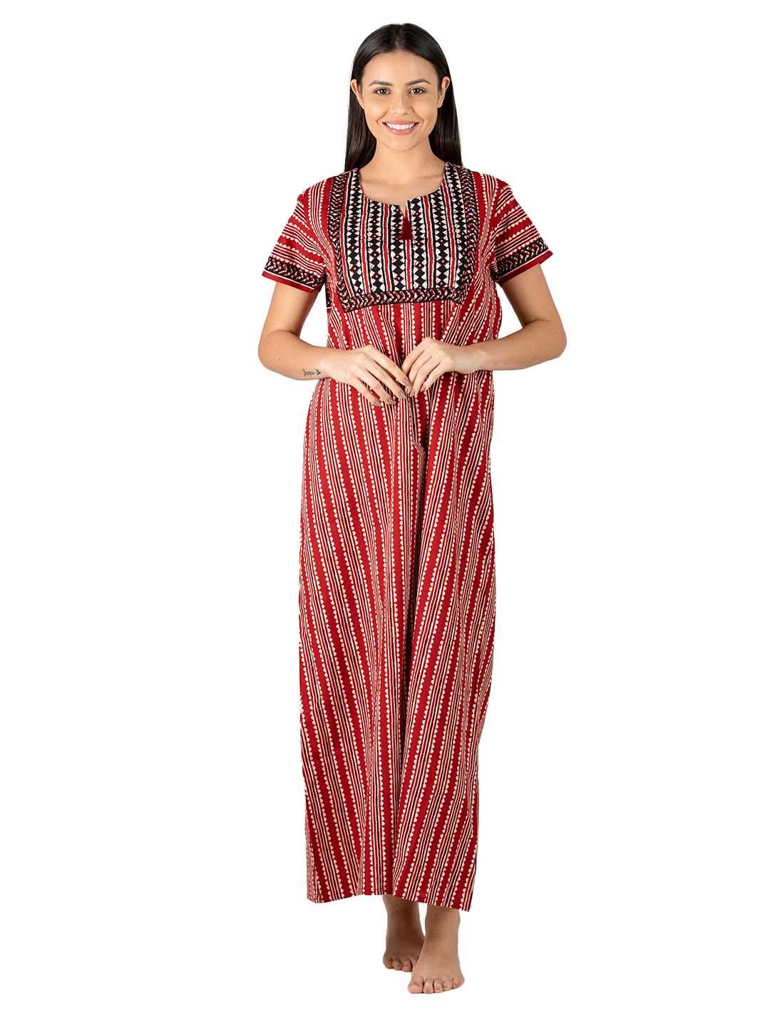 EvoloveCotton Nighty Maxi for Women with Side Pocket | Printed Short Sleeves Full Length Night Wear Gown