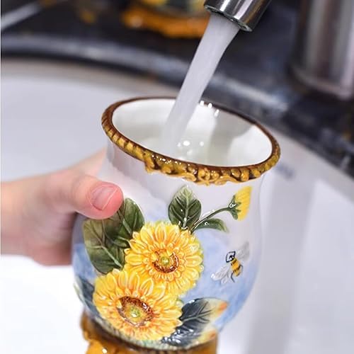 Miniatura 5 de FORLONG Juego de accesorios de baño de girasol de cerámica, conjunto de baño de 4 piezas con soporte para cepillo de dientes, taza para cepillos de