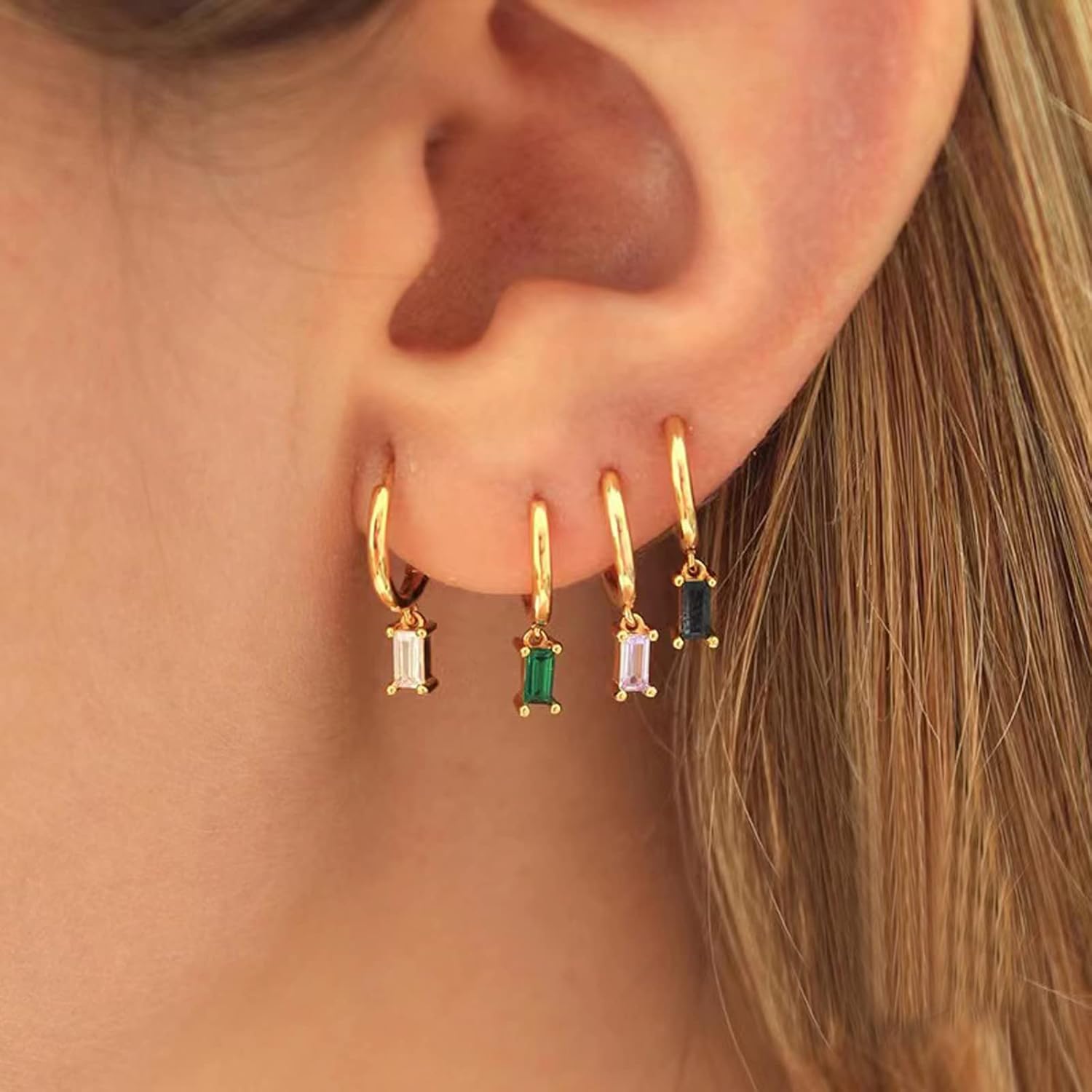 Gold Hoop Earrings With Green Drop, Huggie Hoops For Women & Men - 14K Gold, Hypoallergenic - 2PCS - Image 5