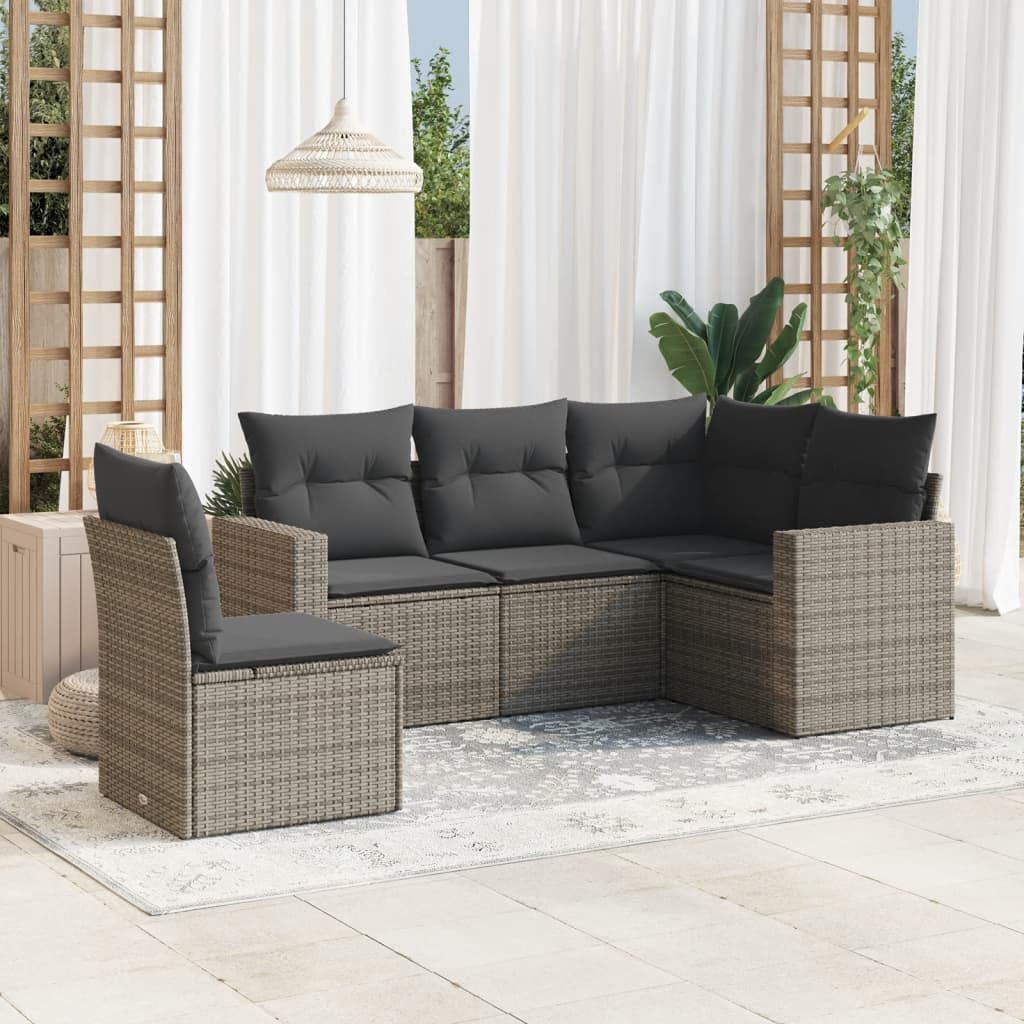 Set Divano da Giardino 5 pz in Polyrattan Grigio con Cuscini | Salotto modulare per terrazzo e patio dotato di comodo vano contenitore sotto la seduta e piedini regolabili.