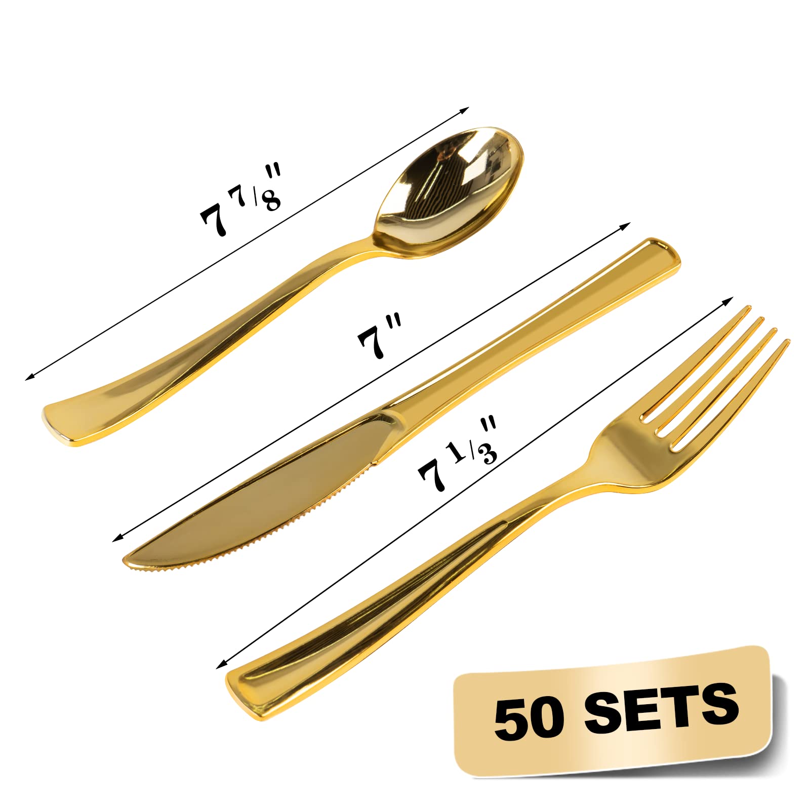 300 Pieces Gold Disposable Plates for 50 Guests, Plastic Plates for Party, Wedding, Dinnerware Set of 50 Dinner Plates, 50 Salad Plates, 50 Spoons, 50 Forks, 50 Knives, 50 Cups