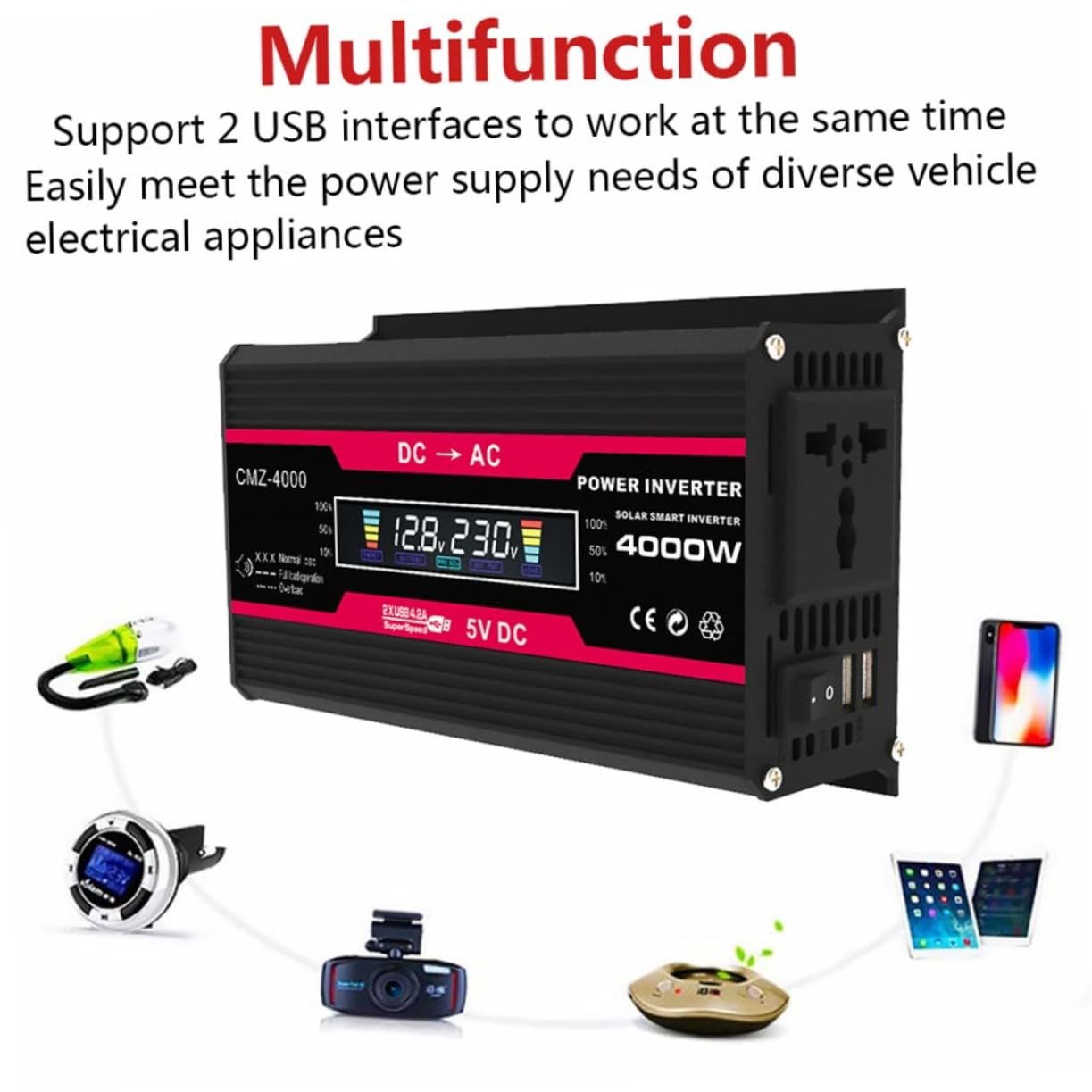 Inverter Di Potenza Display Lcd Digitale Convertitore Per Auto Con Porte Usb e Protezione Completa Scocca in Lega Di Alluminio-magnesio e Di Raffreddamento Intelligente