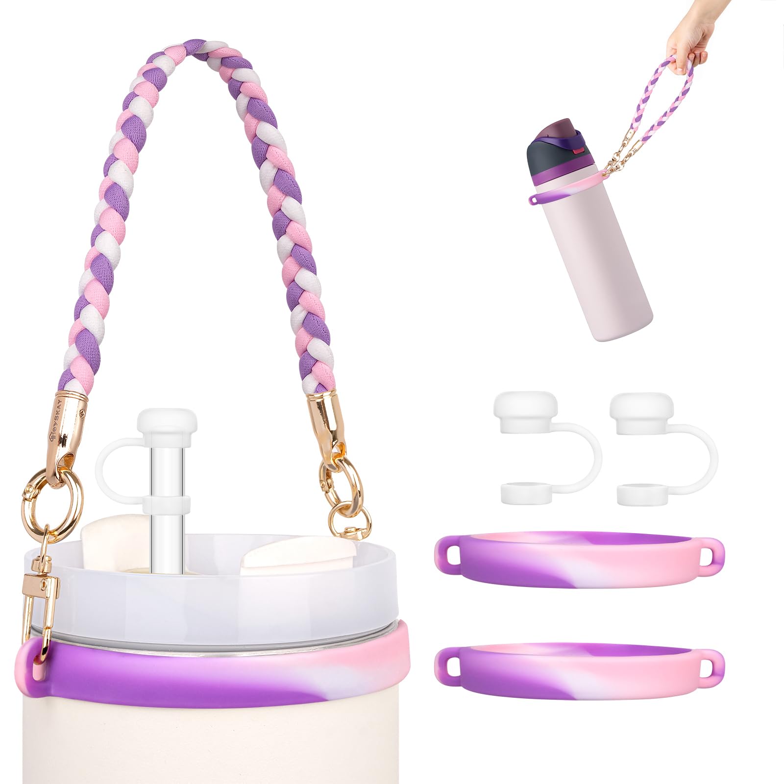 HEYSKAY Water Bottle Handle with Strap for Stanley 12-40OZ Tumbler Water Bottle Strap for Carrying Owala Flask 24-40oz Water Bottle Sling As Stanley Cup Accessories with 2PCS Silicone Straw Covers