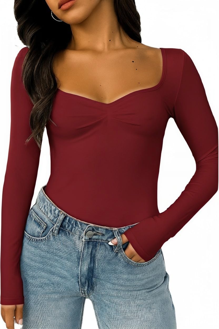 ForeFair Women's Long Sleeve Going Out Tops Pleated Basic T Shirts Cute Sweetheart Neck Y2K Fall Tops - Image 2