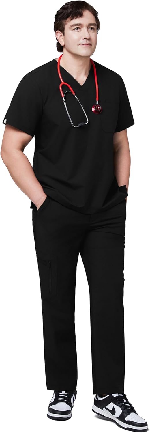 Men's 3-Pocket Top and Zipper Pocket Straight Pants Scrub Sets - Eco Black