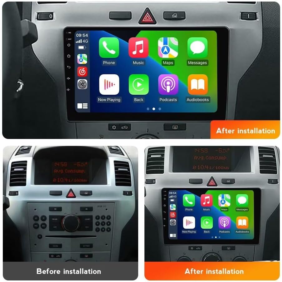 Comparison image showing an Opel Astra H dashboard before and after installation of the RONGJI Android Car Radio. The 'Before installation' image shows the original car radio, and the 'After installation' image shows the new 9-inch Android unit seamlessly integrated.
