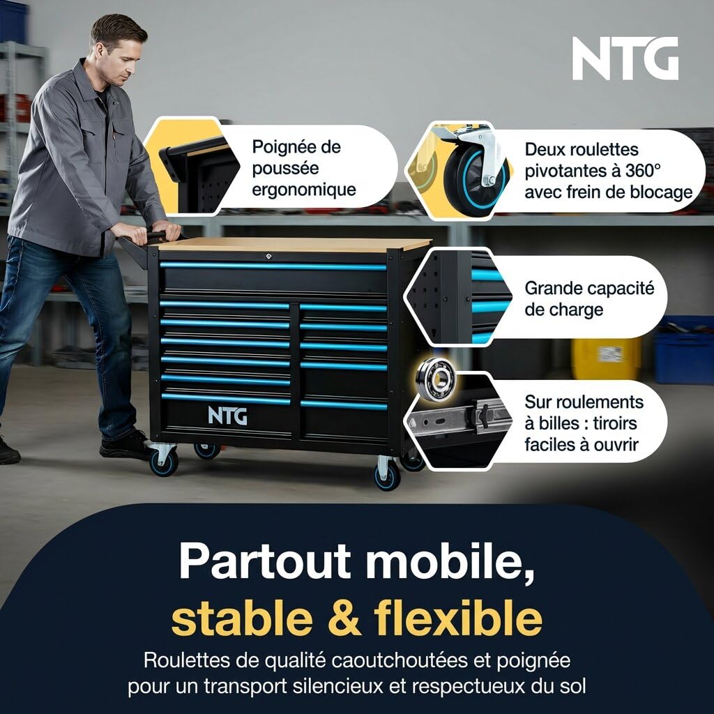 NTG Chariot à outils XXL – 471 pièces – 12 tiroirs avec plan de travail en bois, verrouillable, mobile sur roulettes – Meuble de rangement professionnel en métal pour garage et atelier