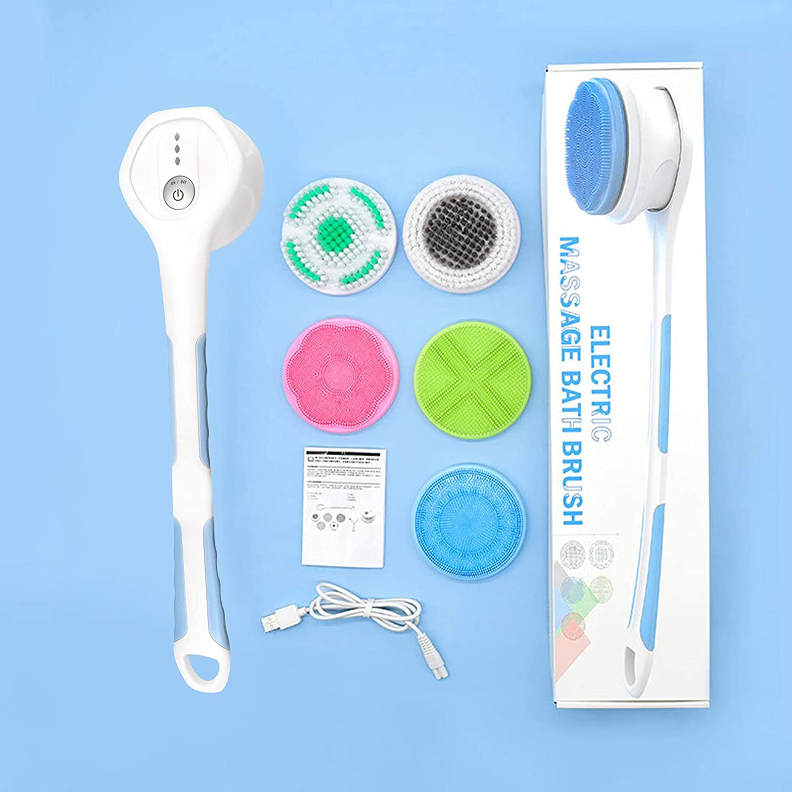 M-TOP Cepillo de Bano para la Espalda Cepillo Eléctrico para Baño Corporal con Cabeza de 5 Cepillos, Cepillo de Masaje de Ducha Automático Exfoliante Mejora la Circulación Sanguínea