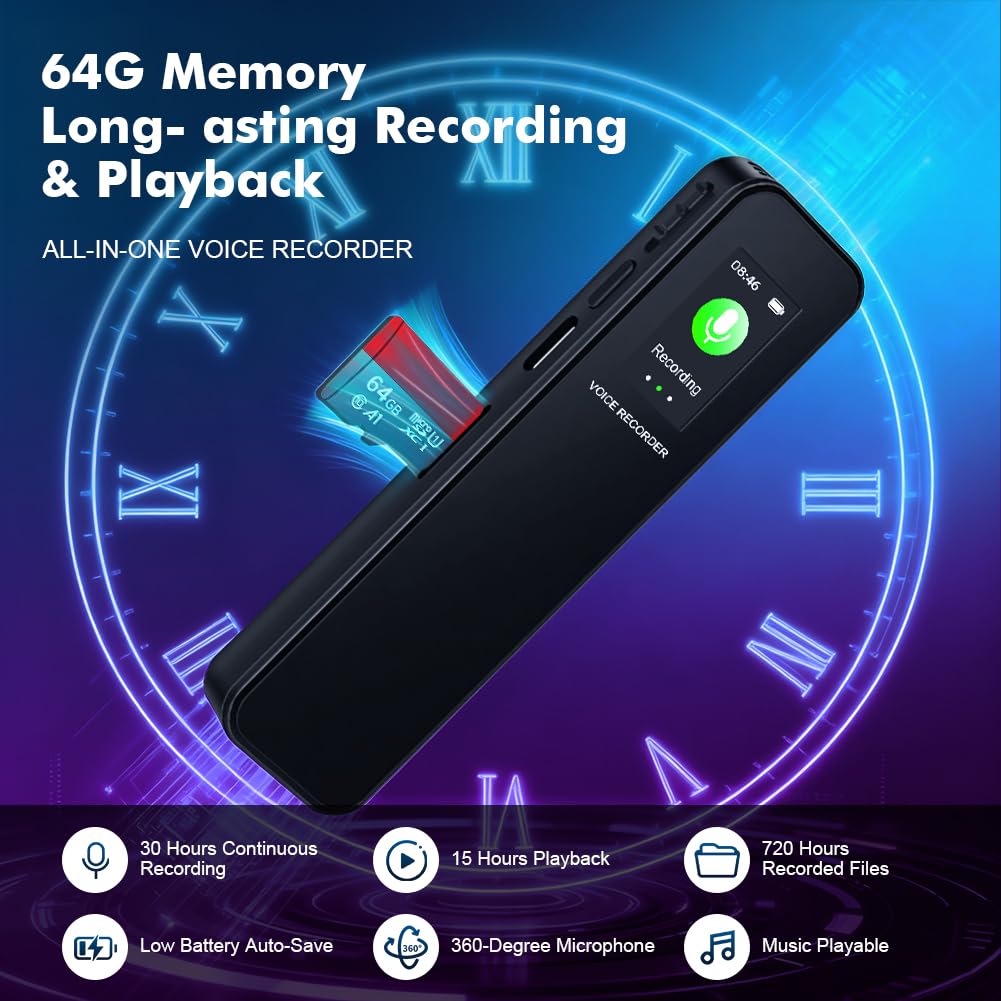 Ainiv 64GB Digital Voice Recorder, Portable Recording Device with HD Audio, DSP Intelligent Noise Reduction, Voice Recorder Transfer File to Computer for Meetings, Lectures, Class, Interview(Black) - Image 3