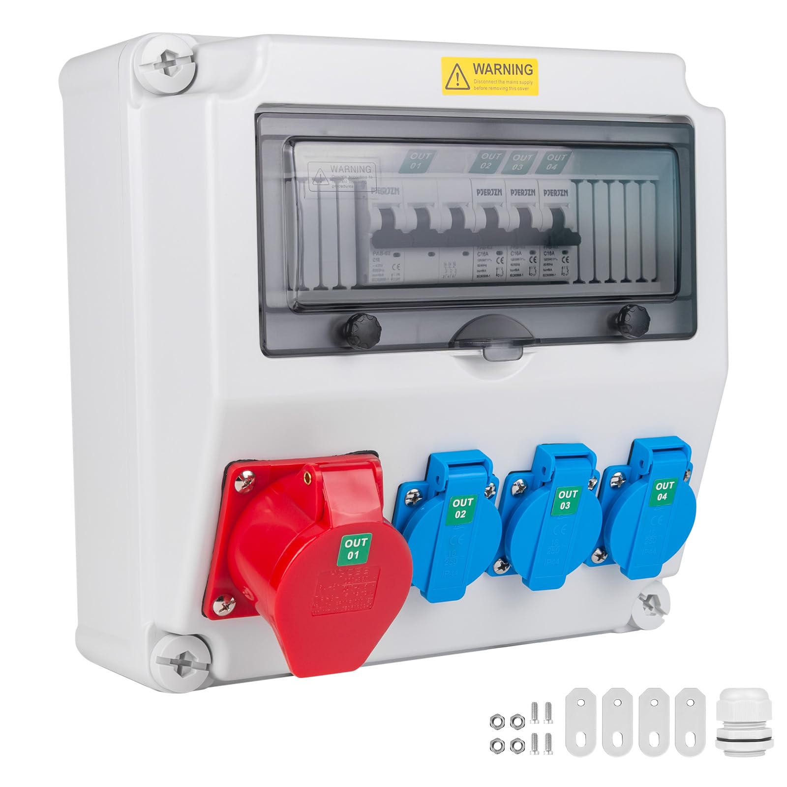 Distributore di corrente da cantiere con presa CEE da 16 A, distributore da parete, IP44, per cantieri e officine, con 3 x 16 A 1P LS + 1 x 16 A 3P LS (3 x 16 A 1P LS + 1 x 16 A 3P LS)
