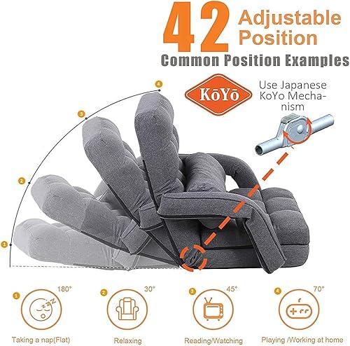 Miniatura 19 de FLOGUOR Silla de suelo, tumbona para interiores, sofá perezoso plegable ajustable de 14 posiciones con reposabrazos y una almohada, sillas