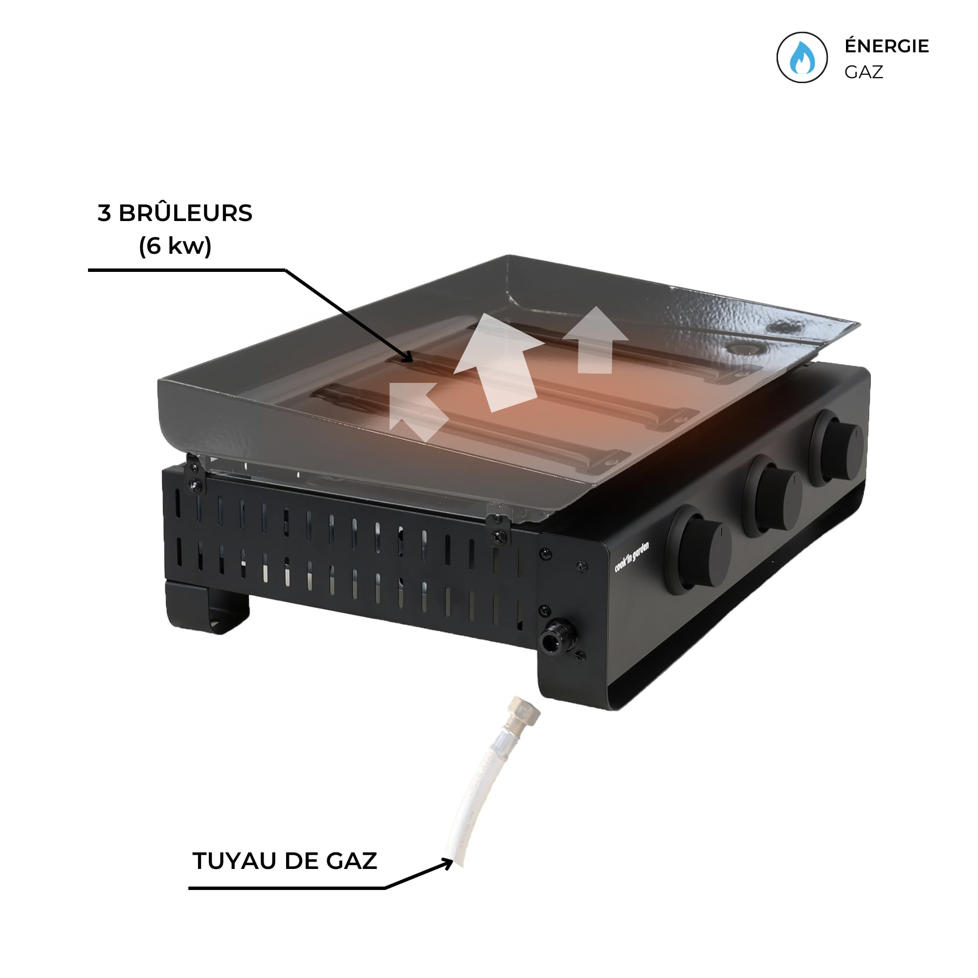 Cook'in Garden - Plancha Gaz Tempo, 3 Brûleurs 6 kW, Plaque en Acier Émaillé, Bac Récupérateur de Graisse Amovible, Idéal 10 Personnes, Idéal Terrasse et Jardin