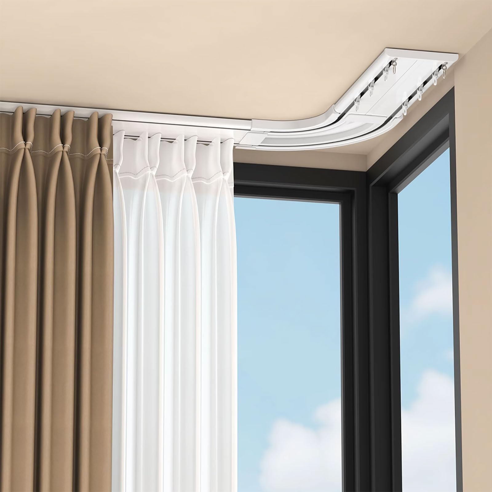 Ultra-Thin Double Track Corner Curtain Rail System - Easy Install 2.9m/9.5ft for Living Room Bedroom Hospital - Space-Saving Ceiling Solution