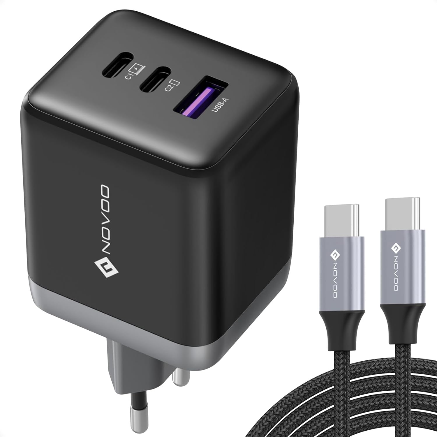 novoo 100 w usb c charger gan iii 3-port usb c power supply quick charger pd macbook charger with charging cable compact travel compatible macbook pro/air galaxy s24 ultra iphone 16/pro and more