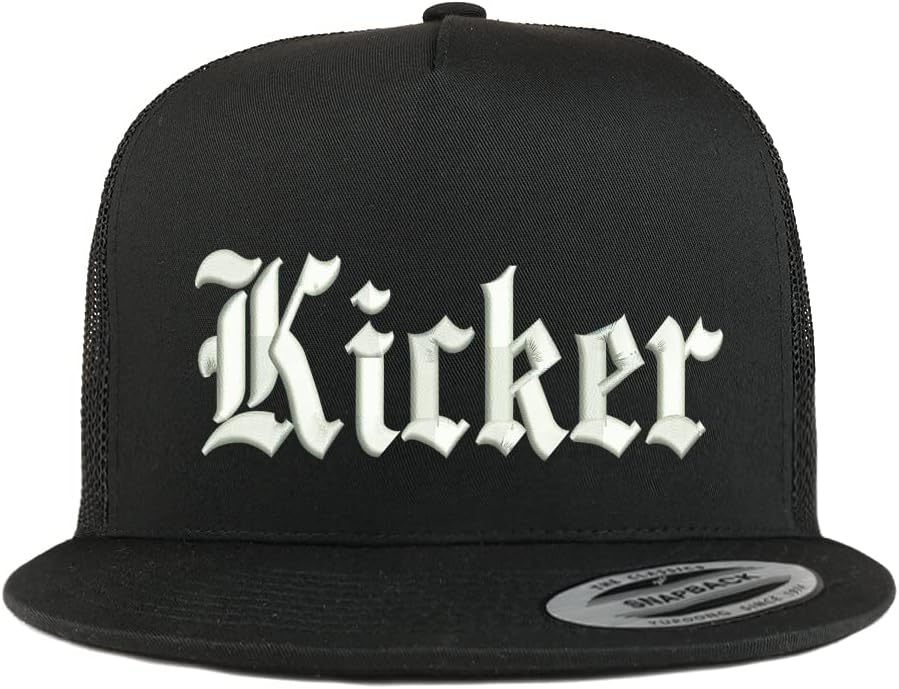 Trendy Apparel Shop Kicker Football Old English Embroidered 5 Panel Flatbill Trucker Cap