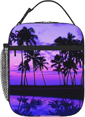 EKYOSHCZ Bolsa de almuerzo aislada con diseño de palmera morada para mujeres y hombres, reutilizable, a prueba de fugas, bolsa de almuerzo para