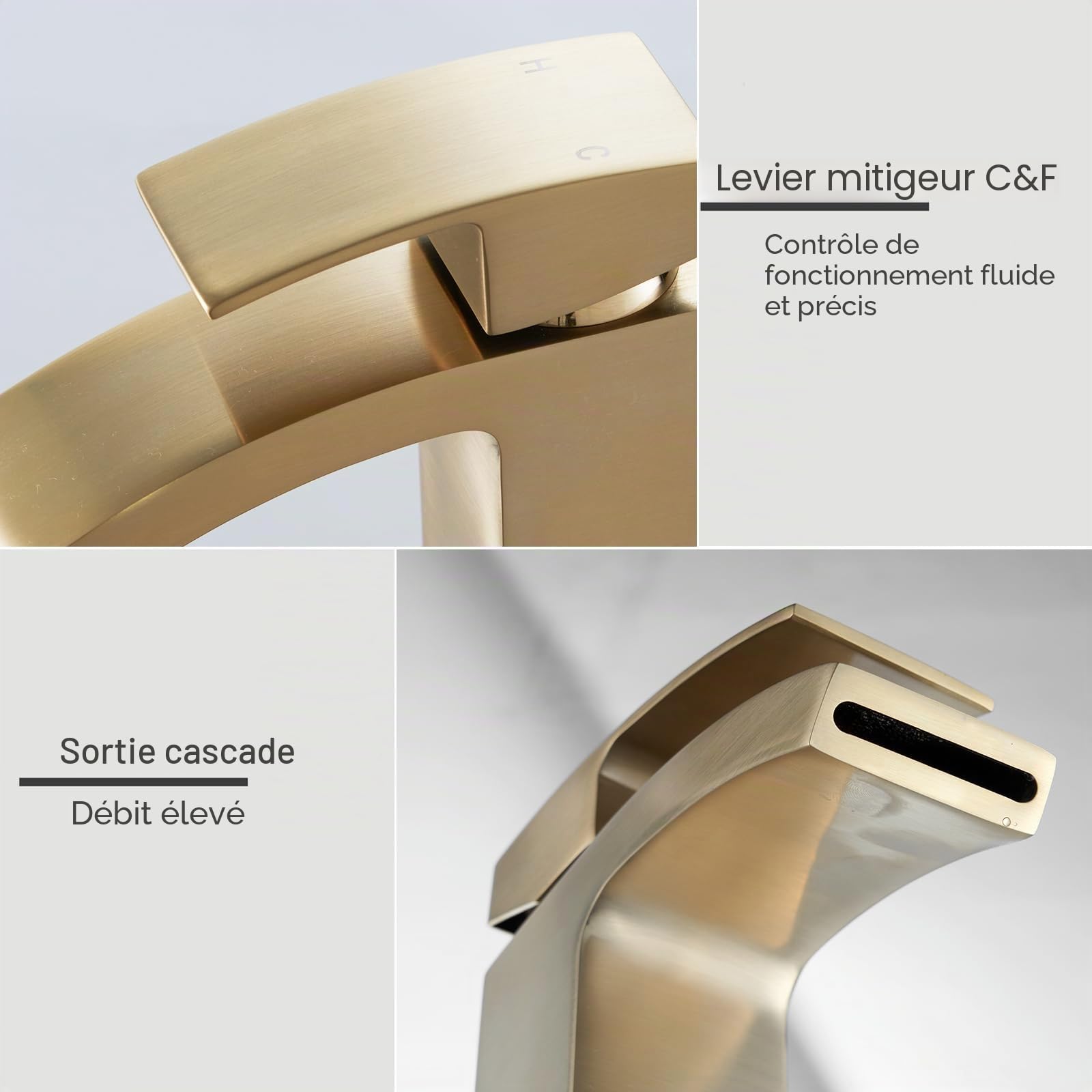 322X Robinets d'évier cascade bouche-vidage pop-up, robinet monobloc laiton doré