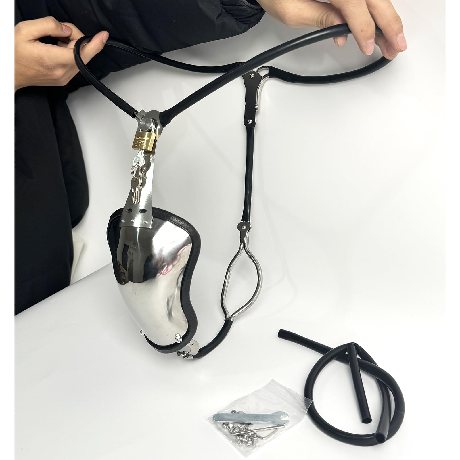 Ceinture de Chasteté Homme Acier Inoxydable Réglable Noire 60-90cm Cage à Pénis Fétichiste BDSM Dispositif de Queue Invisible