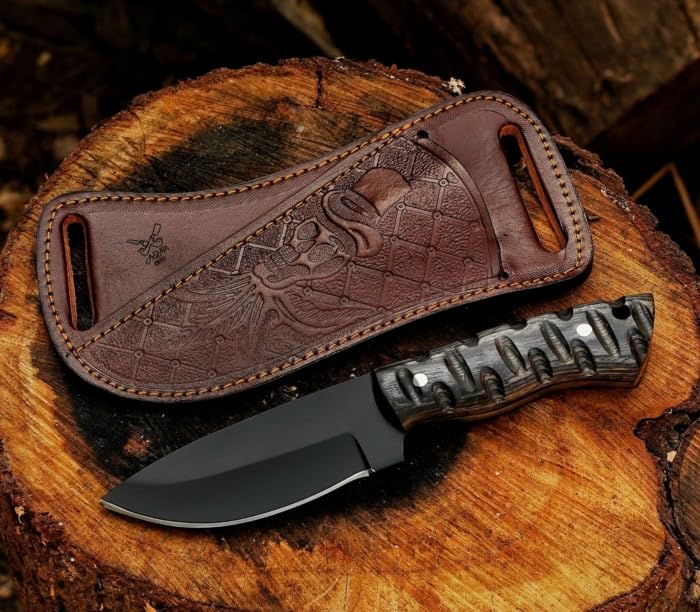 ADAM KNIVES Fixed Blade Carbon Steel Hunting Knife with Leather Sheath, 8'' Full Tang Hunting Skinning and Camping Knife for Hiking and Survival (Black Wood)