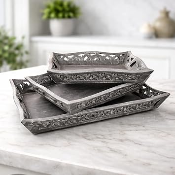 Wooden Serving Tray Set of 3, Decorative Rectangular Trays with Handles, Grey, Small, Medium and Large Nesting Trays for Coffee Table, Dining and Kitchen