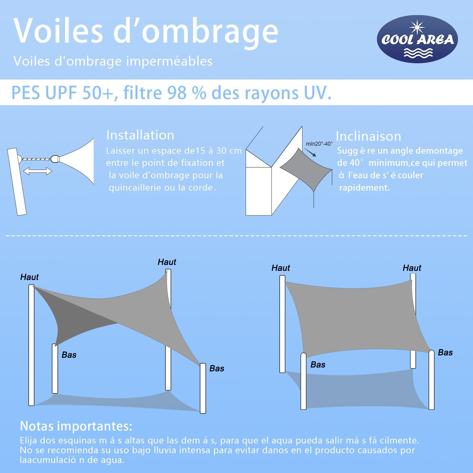 COOL AREA Voile d'ombrage imperméable Rectangle 2x3m Blocage UV Résistant aux intempéries pour Patio Extérieur Jardin Arrière-Cour,Anthracite