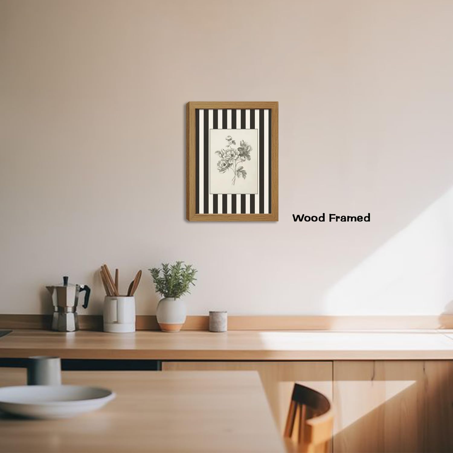Vintage Flowers Canvas Wall Art, Black White Striped Prints Wall Decor, Pictures Minimalist Sketch Plant Orchid for Living Room Office Bedroom Bathroom Home Decor 24x16inch Wood Framed