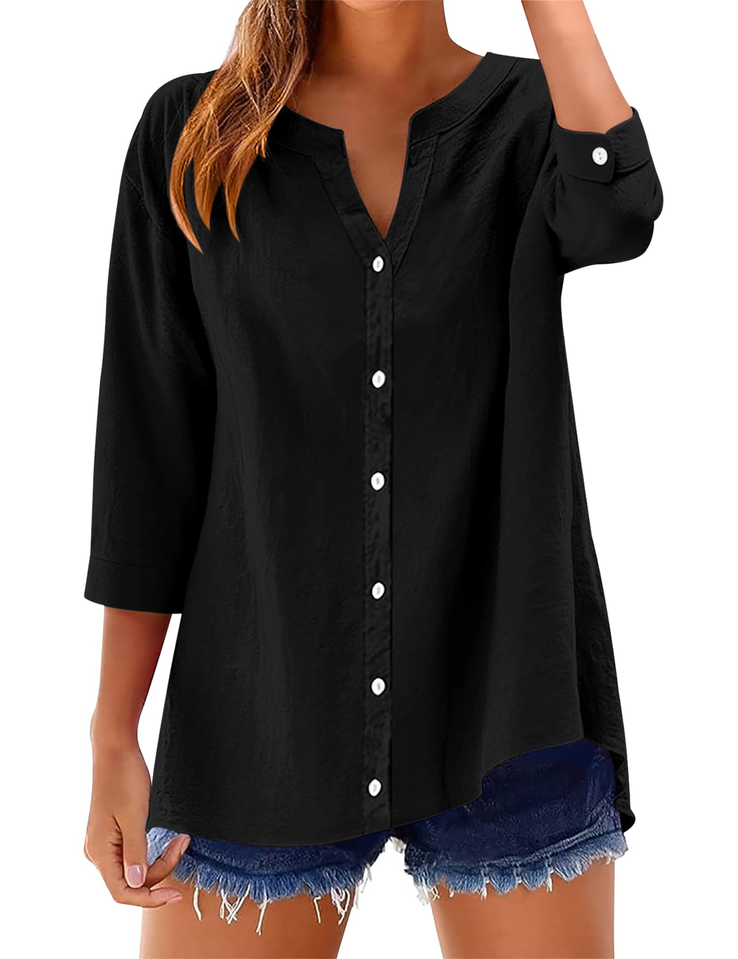Rapbin Damen Bluse 3/4 Ärmel Baumwolle Leinenbluse V-Ausschnitt Knopfleiste Uni Tunika Hemd Casual Locker Aufrollbare Ärmel
