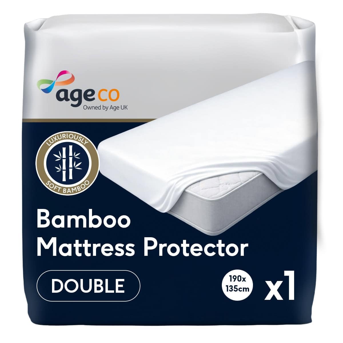 Age UK Bamboo Waterproof Mattress Protector for Incontinence, Soft Breathable Fitted Mattress Cover, Double, White — image 1