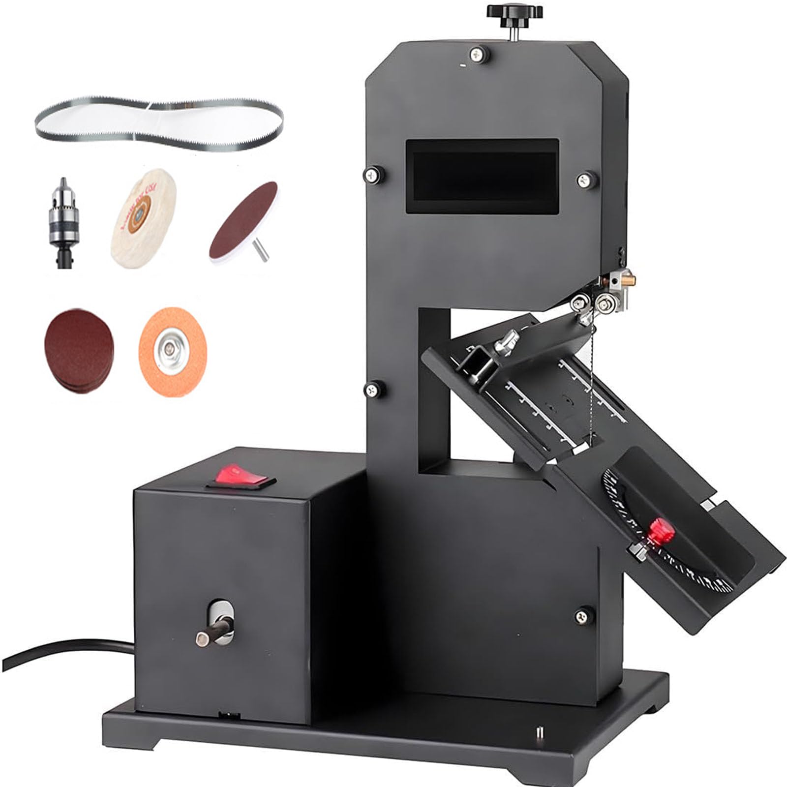 Sierra de cinta de mesa de 800 W, altura de corte de 70 mm y garganta de 90 mm, mesa inclinable (0-45°), para cortar madera y metal en pequeños talleres