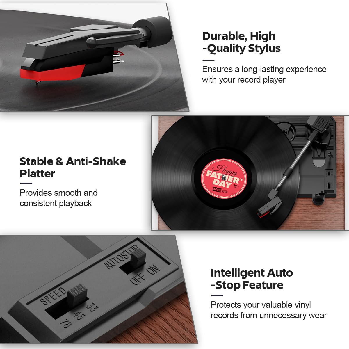 Plattenspieler, FYDEE Vinyl-Plattenspieler mit Eingebauten Stereo-Lautsprechern, 3 Geschwindigkeiten 33/45/78 RPM, Bluetooth-Schallplattenspieler, mit RCA-Ausgang und AUX-Eingang, Walnuss