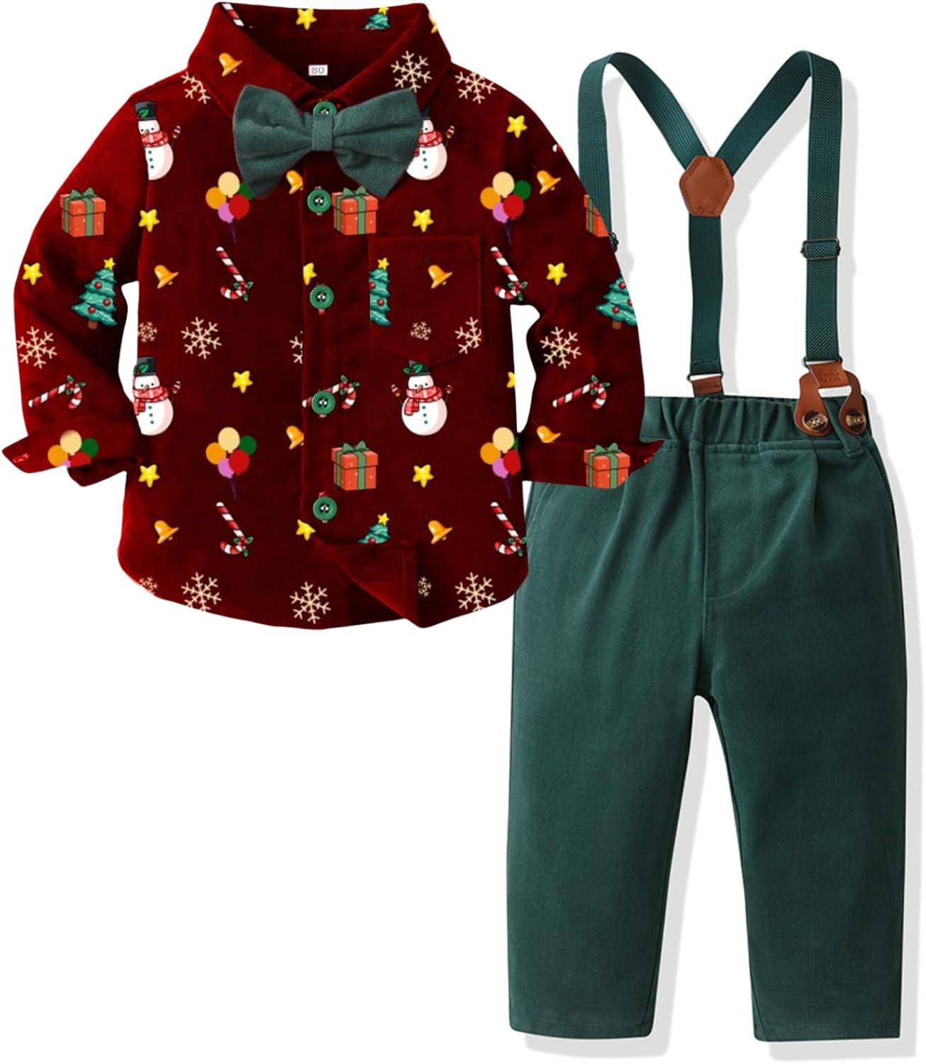 Boy Christmas Outfit Xmas Prints Shirt with Bowtie Suspender Pant Set Boys Dress Clothes Gentleman Outfits