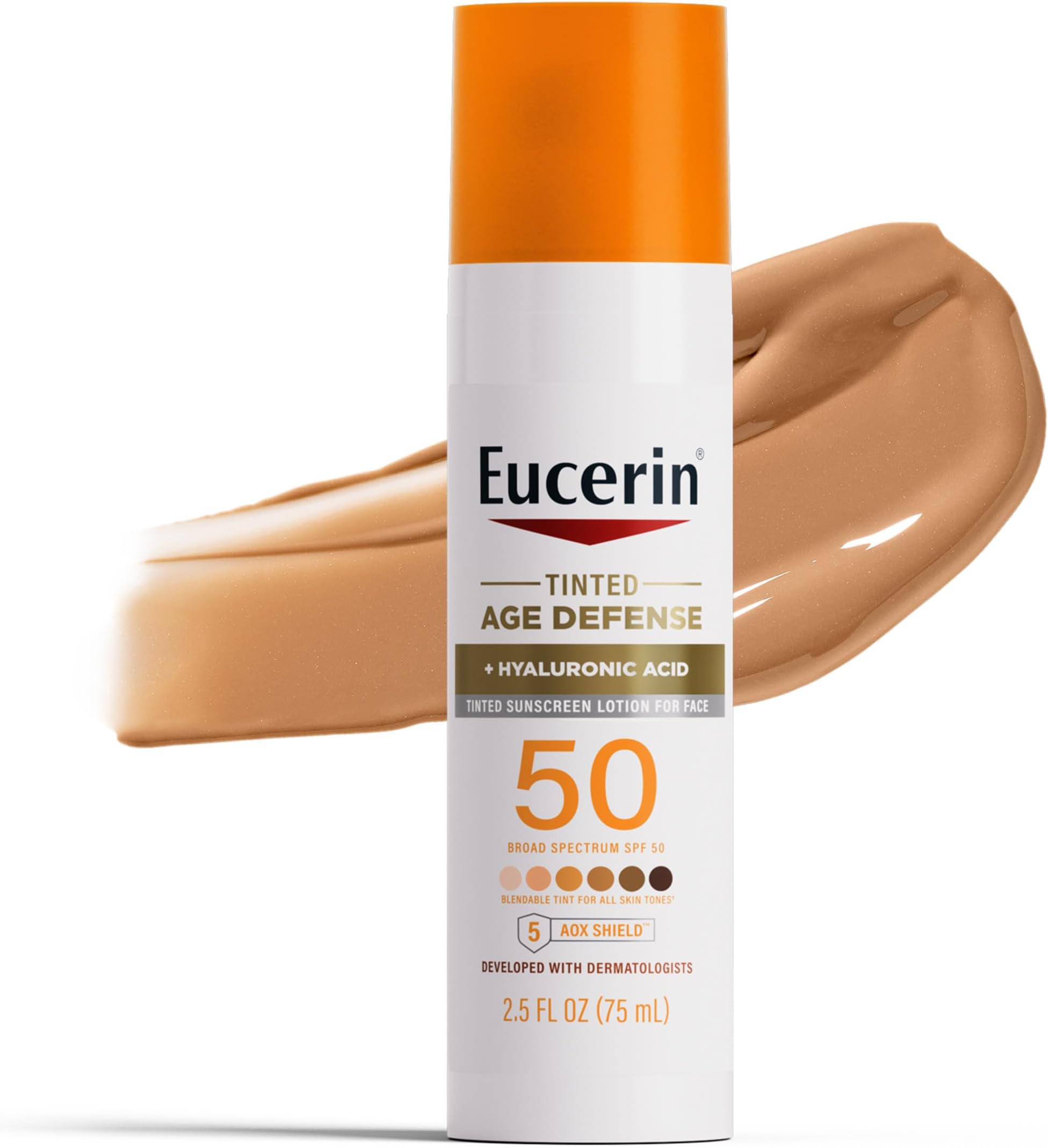 Sun Tinted Age Defense Face Sunscreen Lotion SPF 50 with Hyaluronic Acid, Tinted Sunscreen for Face, Blendable Tint for All Skin Tones, Non Comedogenic and Hypoallergenic, 2.5 Fl Oz Bottle
