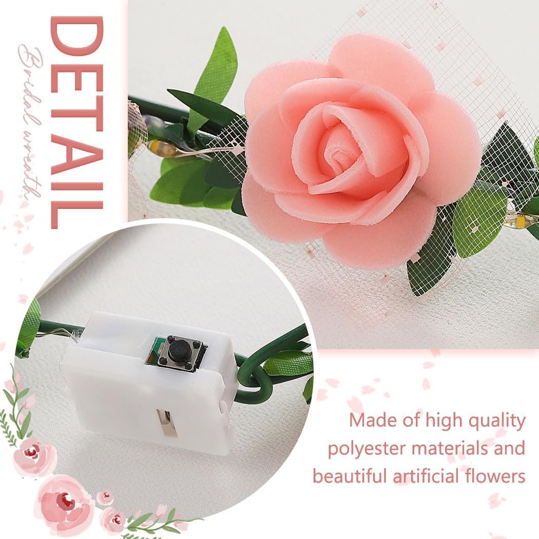 Zoestar Light Up Flower Crown Headband LED Hair Wreath Headbands Bridal Floral Headpiece Festival Party Hair Accessories for Women and Girls (Pink - Image 4