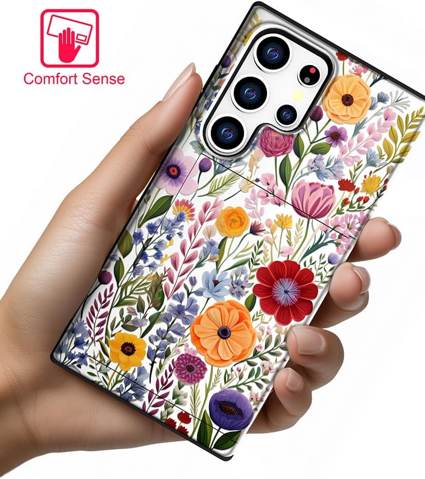 Compatible with Samsung Galaxy S25 Ultra Case Wallet Cute for Women with Design,Rugged Credit Card Holder Slot Protective Phone Skin Cases - Red Vibrant Colorful Flowers - Image 7