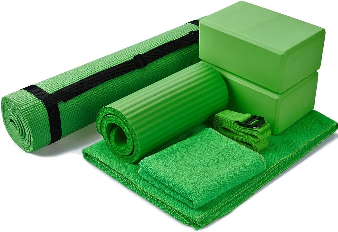 BalanceFrom GoYoga 7-Piece Set - Include Yoga Mat with Carrying Strap, 2 Yoga Blocks, Yoga Mat Towel, Yoga Hand Towel, Yoga Strap and Yoga Knee Pad