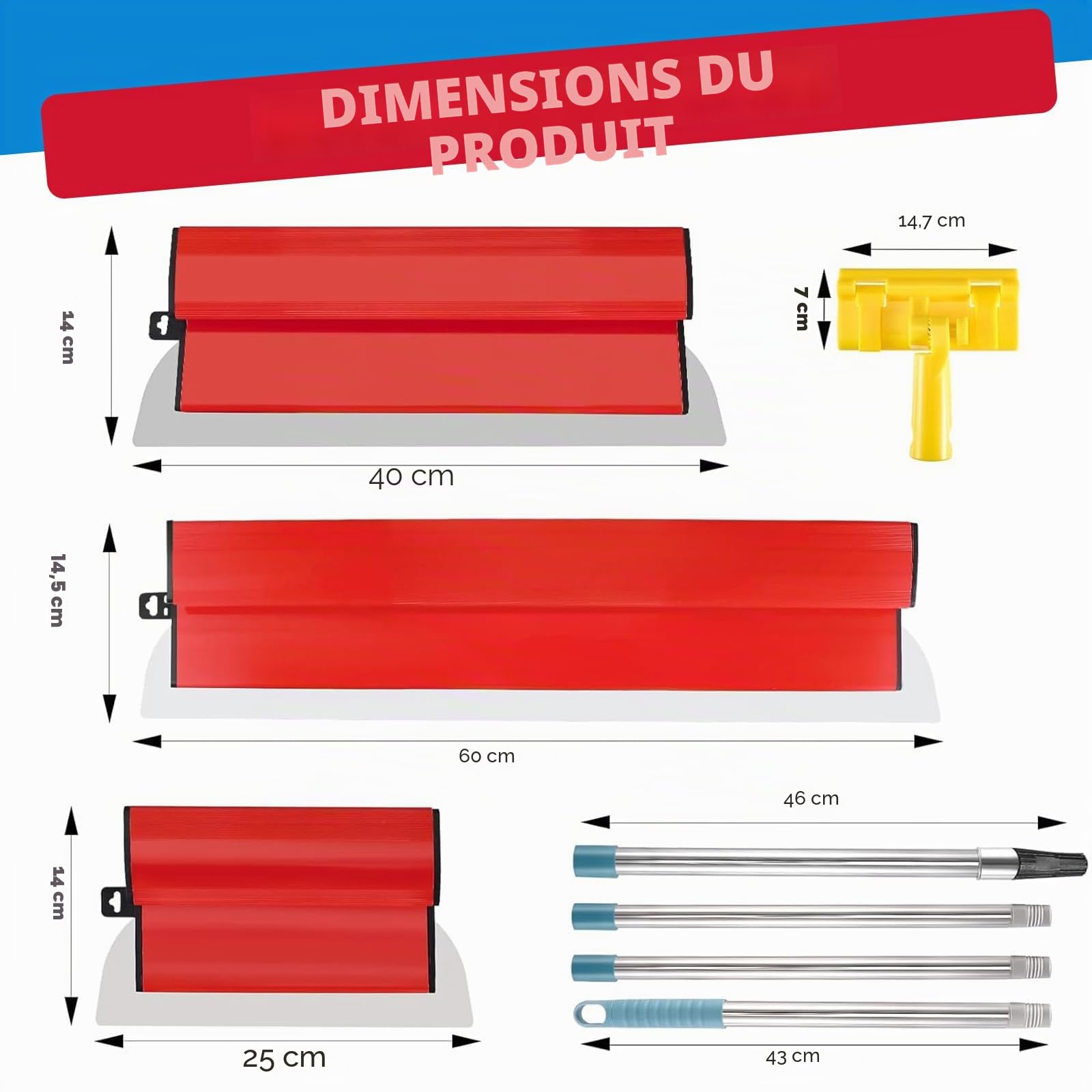 Spatule Enduit Lissage Set, Kit D'outils de Spatule Comprenant 3 Grattoirs(25cm+40cm+60cm) et Manche Télescopique de 160cm et Adaptateur, Outils Plaquiste pour Le Plâtrage de Plafond et Mur