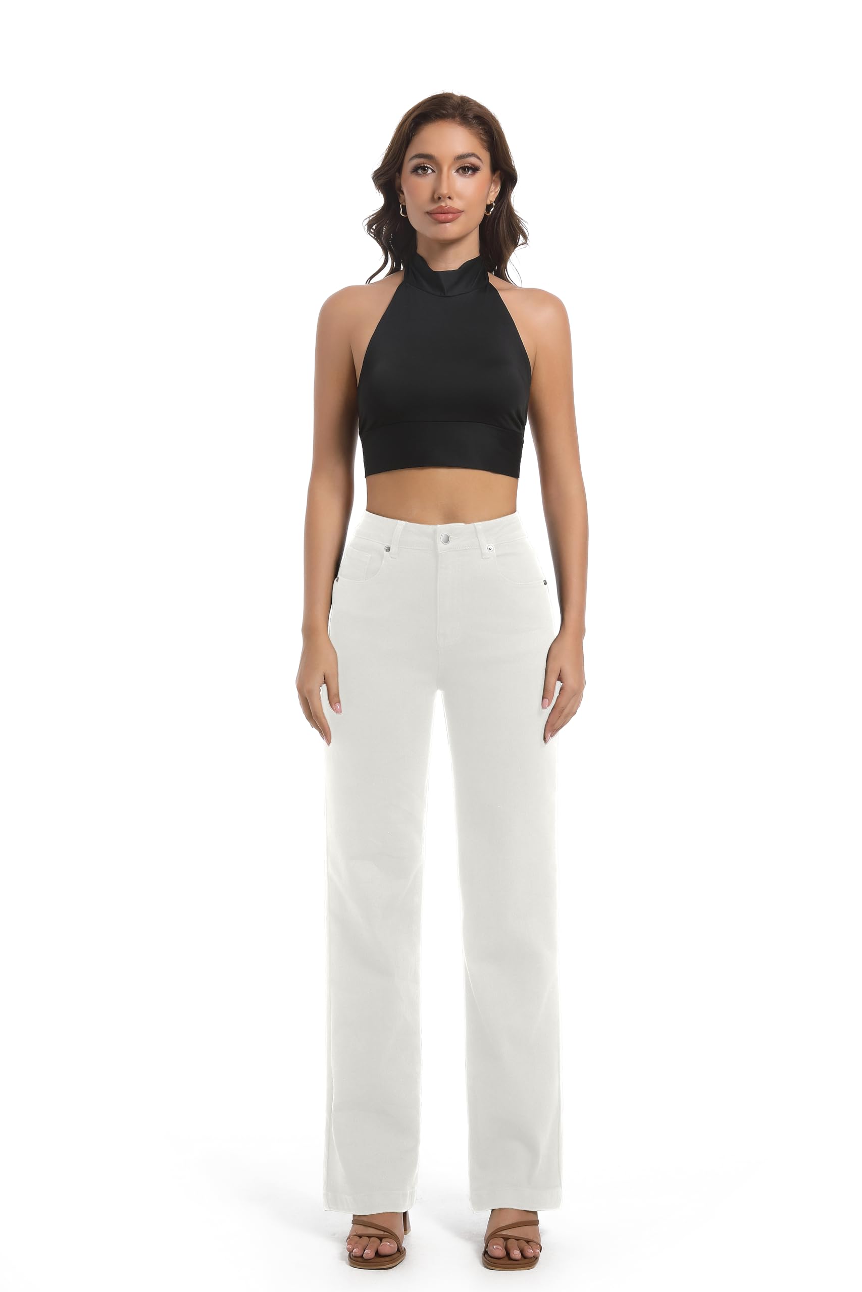 Jean pour Femme, Taille Haute, Jambe Droite, Extensible, Tendance, Jambe Large, contrôle du Ventre, Ample, décontracté, Denim