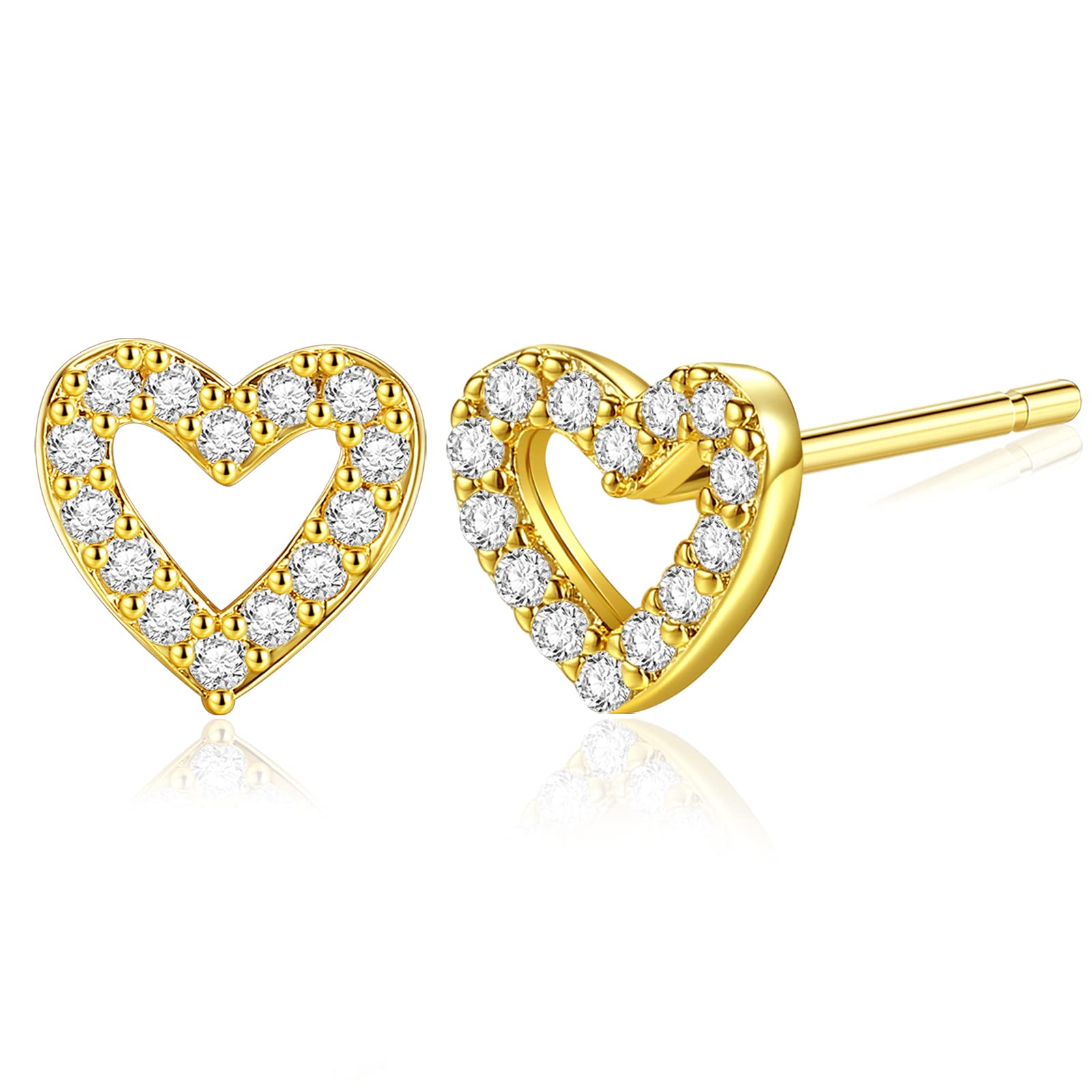 Orecchini A Cuore Per Donna - Pavé Zirconi Placcati Oro 14k - Ipoallergenici Con Perno Argento 925