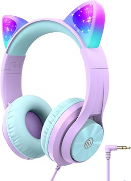 iClever Cat Ear Led Light Up Kids Headphones, HS20 Wired Headphones -Shareport- 94dB Volume Limited, Foldable Over-Ear Headphones for Kids/School/iPad/Tablet/Travel Medium, Purple
